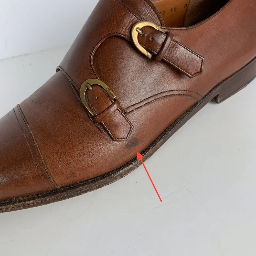 SALVATORE FERRAGAMO Leather Double Monk Strap Cap Toe Shoes 12 D Brown Italy